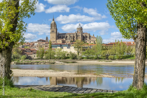 Catedrales de Salamanca desde la orilla del rio Tormes un día de primavera