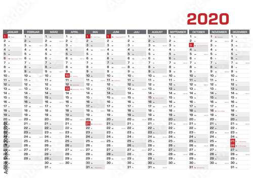 Jahresplaner DIN A1 für 2020 mit KW und Feiertagen