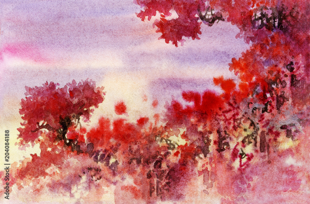 Red landscape, watercolor illustration. Colorful handmade landscape. Red autumn. Red trees. Scarlet tree crowns against a purple sky.