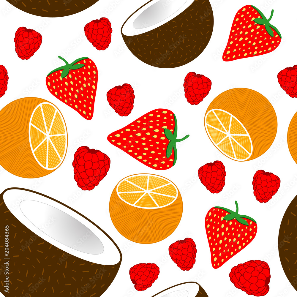 Summer berries and fruit vector seamless background. Coconut, strawberries, raspberries, oranges isolated on white Summer berries and fruit vector seamless background. Coconut, strawberries, raspberries, oranges isolated on white
