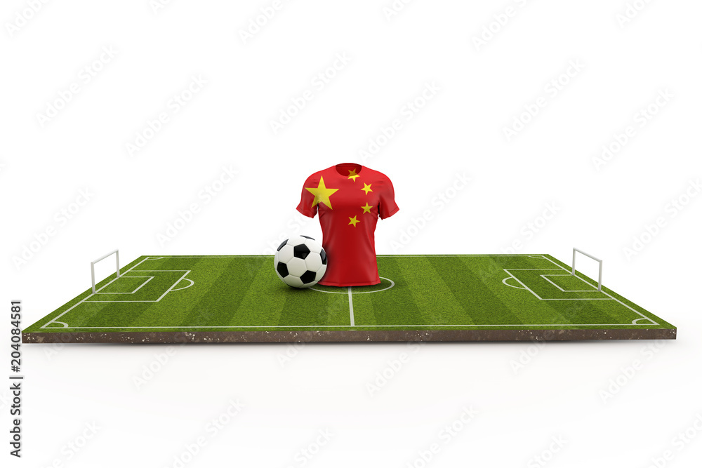 China soccer shirt national flag on a football pitch. 3D Rendering