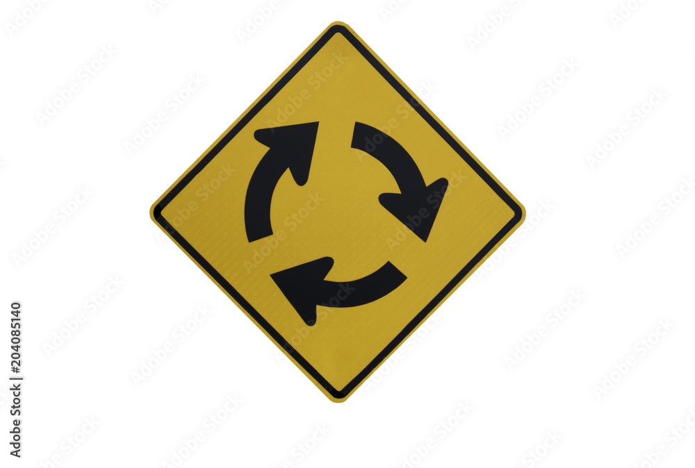 yellow Traffic Signs” right roundabout “ isolated at on white background of file with Clipping Path . yellow Traffic Signs” right roundabout “ isolated at on white background of file with Clipping Path .