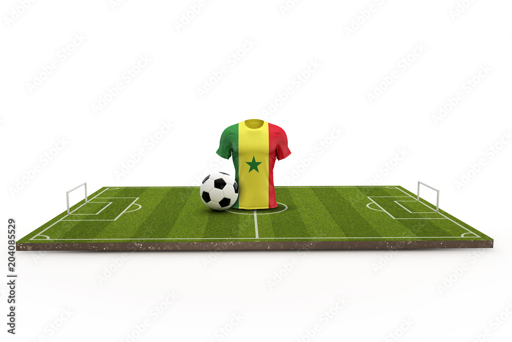 Senegal soccer shirt national flag on a football pitch. 3D Rendering