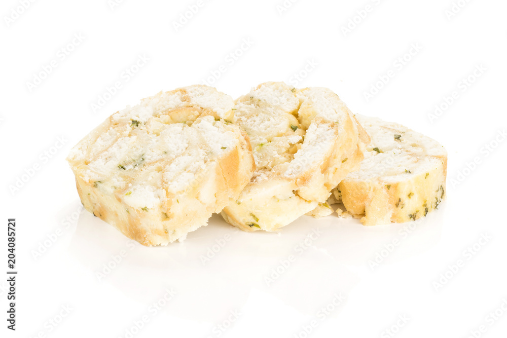 Three Calsbad bread dumpling slices isolated on white background fresh steamed. Three Calsbad bread dumpling slices isolated on white background fresh steamed.