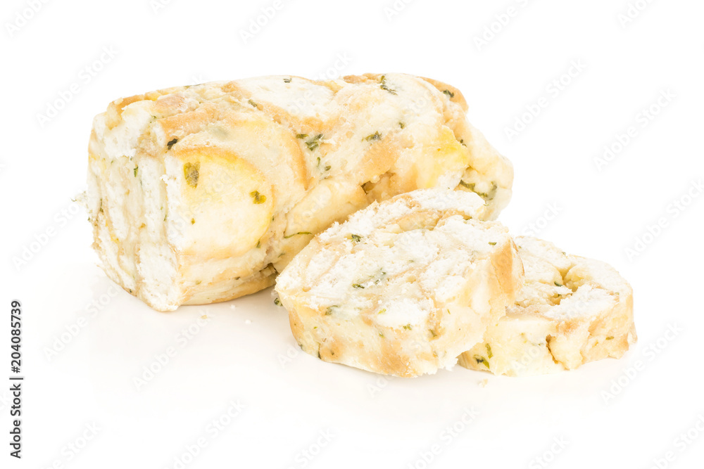 One Calsbad bread dumpling half and two slices isolated on white background fresh steamed. One Calsbad bread dumpling half and two slices isolated on white background fresh steamed.
