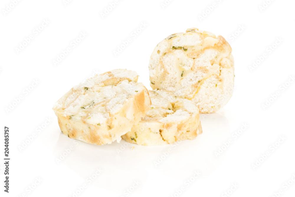 Calsbad bread dumpling slices isolated on white background three fresh steamed.