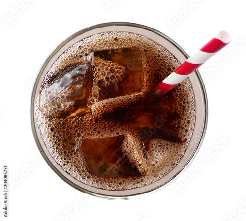 Cola with ice cubes in glass top view isolated on white background, clipping path included