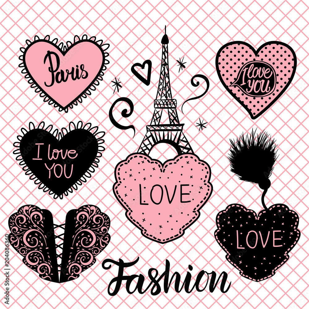 Vector Set of hearts hand draw and the Eiffel tower on pink fishnet tights seamless pattern.