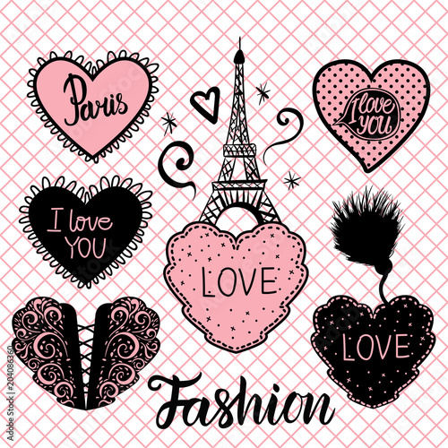 Vector Set of hearts hand draw and the Eiffel tower on pink fishnet tights seamless pattern.