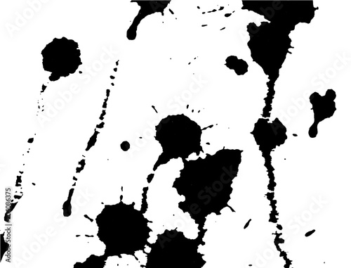 Ink splash, stains and strokes. Paint splatter. Black blots on white. Splatter Background. Vector illustration. Abstract background. Grunge template.