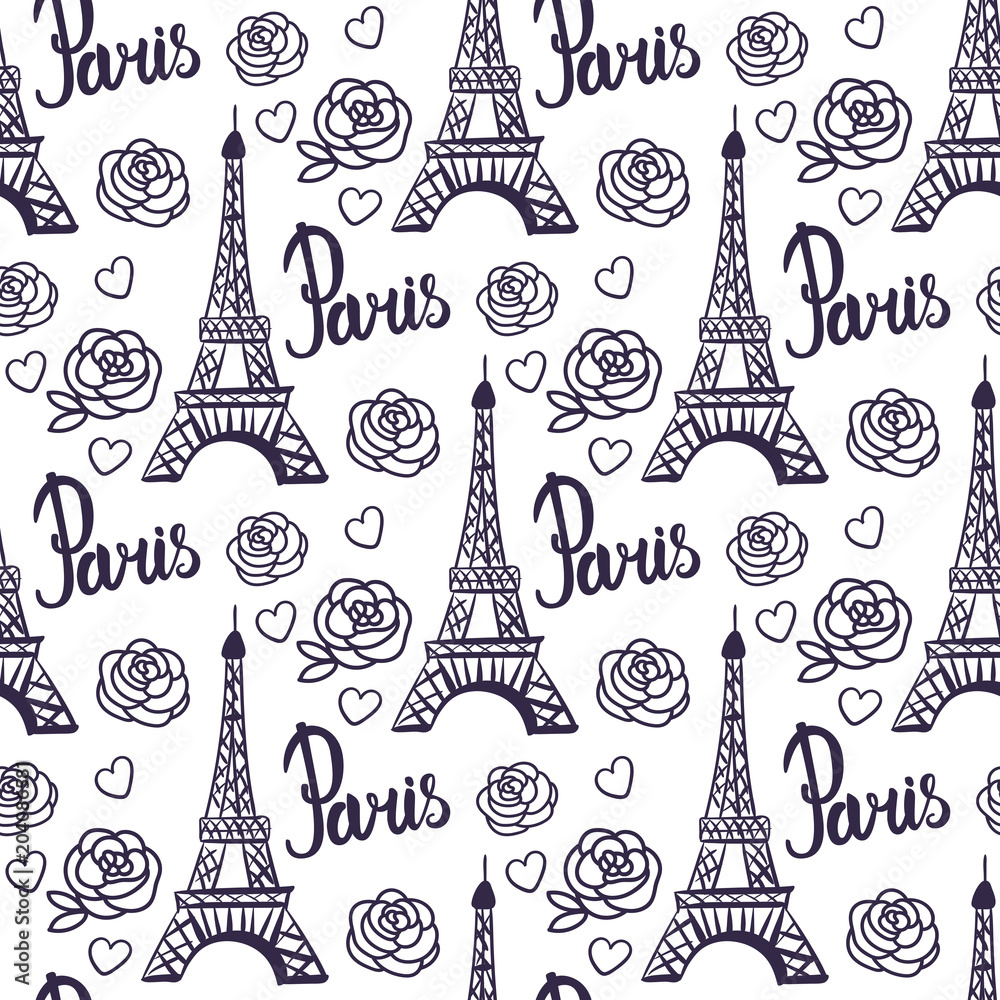 Vector Seamless pattern Paris black ink Eiffel Tower.