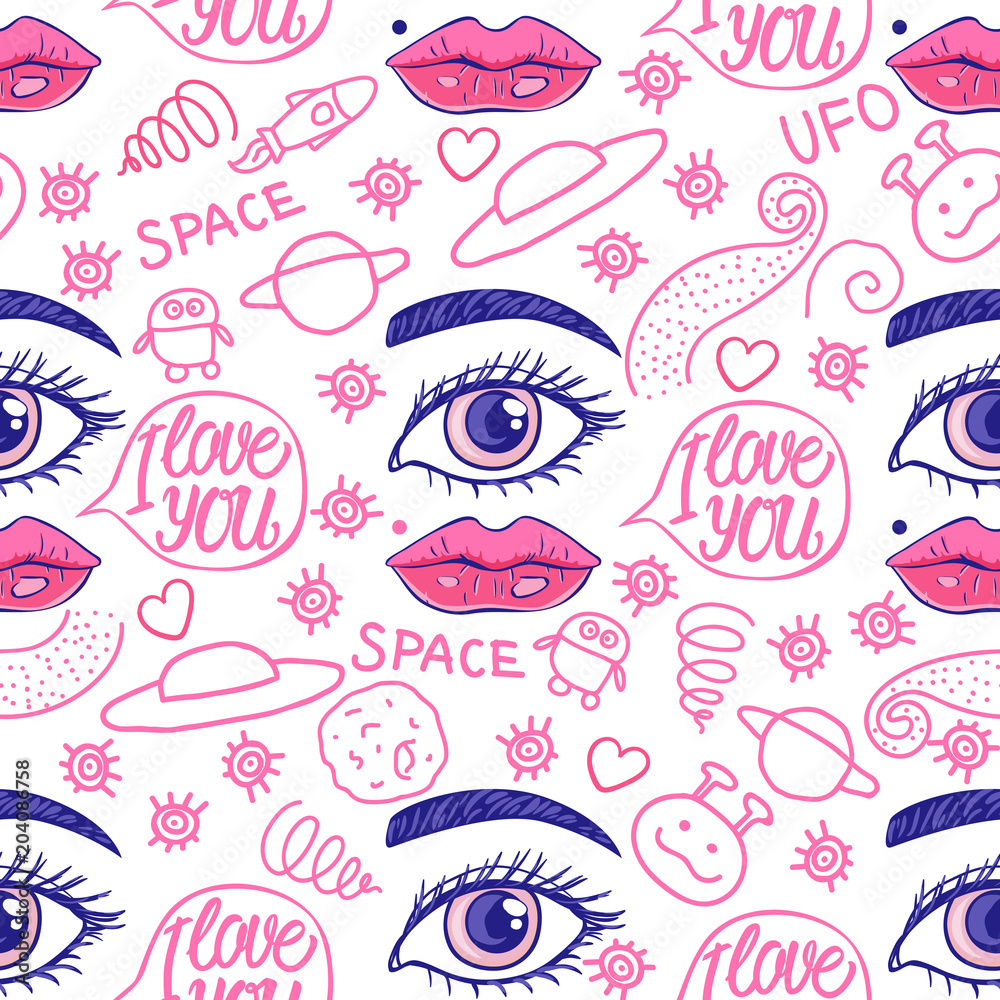Pink Doodle Space seamless pattern. Vector illustration.