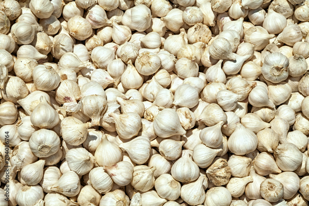 Pile of raw whole garlic background. Many garlic bulbs for sale at a food market Pile of raw whole garlic background. Many garlic bulbs for sale at a food market