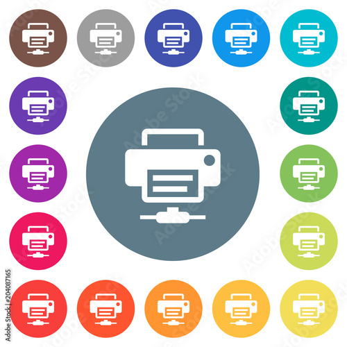 Network printer flat white icons on round color backgrounds