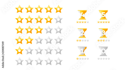 5 Stars Rating. Vector Collection With Flat Yellow Star Icons That Imitating Golden Stars. Template For Web Design