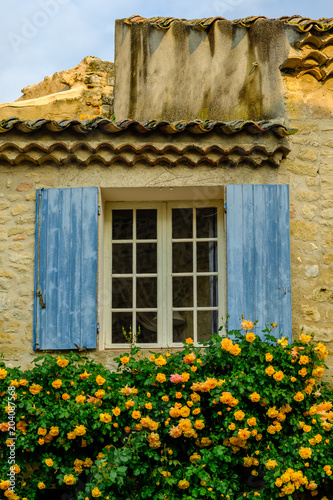 Fa  ade d une maison proven  ale avec des rosiers jaunes. France.
