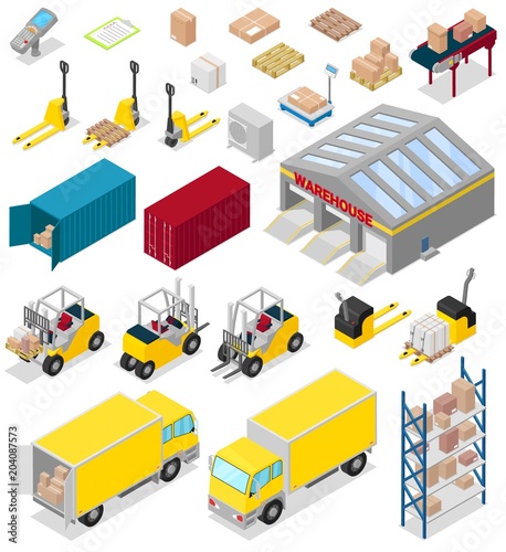Warehouse vector distribution storage industry in industrial storehouse of warehouser illustration set of cargo bussiness delivery isolated on white background