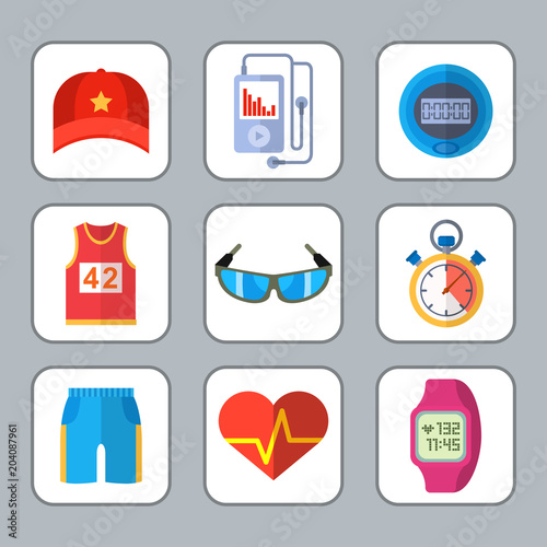 Fashion dressing run sport accessory icons vector sneaker activity footwear exercise workout.