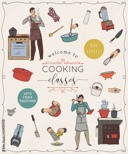 Cooking classes.Design template with people preparing meals, kitchen utensils and appliances. Isolated elements on white background. Vector illustration in sketch style