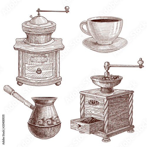 Hand drawn coffee grinder, cezve and coffee cup.