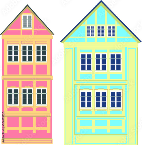 Vector illustrations of german Thalf-timbered house in small town