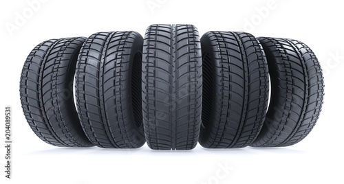 Car tires in row on white background. New black wheel tyres for car. 3d illustration