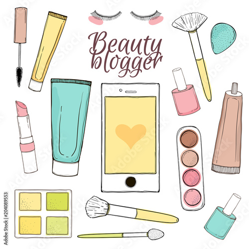 Vector illustration of Hand drawn beauty blogger. Isolated objects on white background