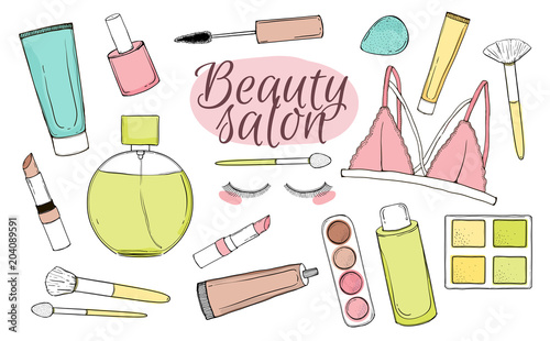 Vector set with cosmetics. Hand draw illustration. Isolated objects on white background.