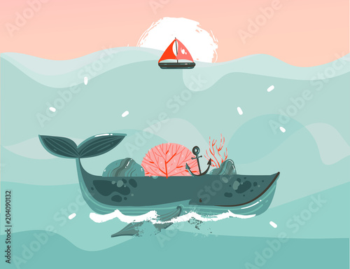 Hand drawn vector abstract cartoon summer time graphic illustrations template background with blue ocean waves,big whale,corals,seaweed,sail,anchor,sundown and copy space place for your text