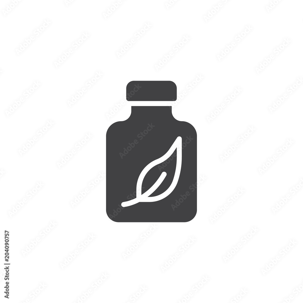 Medicine bottle with leaf inside vector icon. filled flat sign for mobile concept and web design. Herbal medicine drug simple solid icon. Symbol, logo illustration. Pixel perfect vector graphics Medicine bottle with leaf inside vector icon. filled flat sign for mobile concept and web design. Herbal medicine drug simple solid icon. Symbol, logo illustration. Pixel perfect vector graphics