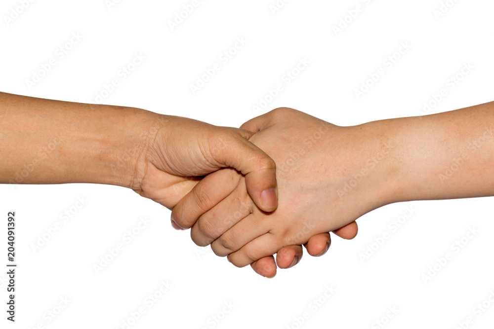Hands of man and woman holding together. Shaking Hands teamwork concept. isolated on white background. clipping path Hands of man and woman holding together. Shaking Hands teamwork concept. isolated on white background. clipping path