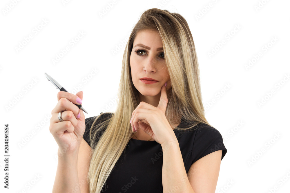 Woman is thinking about what she is going to write. Blonde person is wearing black dress. Sexy.. Woman is thinking about what she is going to write. Blonde person is wearing black dress. Sexy..