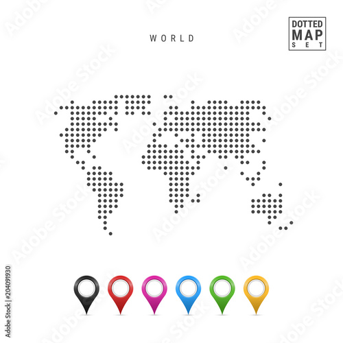 Vector Dotted Map of the World. Simple Silhouette of the World. Set of Multicolored Map Markers