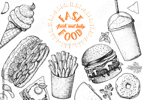 Fast food hand drawn sketch collection. Vector illustration. Junk food set. Engraved style illustration. Street food top view frame