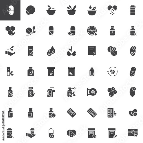 Medicaments vector icons set, modern solid symbol collection, filled style pictogram pack. Signs, logo illustration. Set includes icons as pills, mortar, herbal, medicine, vitamin, pharmacy medical