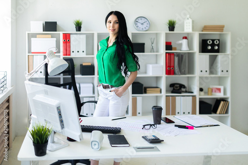 A young girl stands near an office desk.