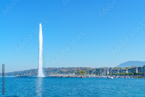 The Jet d'Eau or Water jet fountain, Geneva city landmark, Switzerland