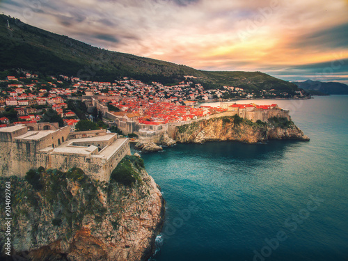 Aerial drone view of sunset summer in Old Town Dubrovnik Croatia.