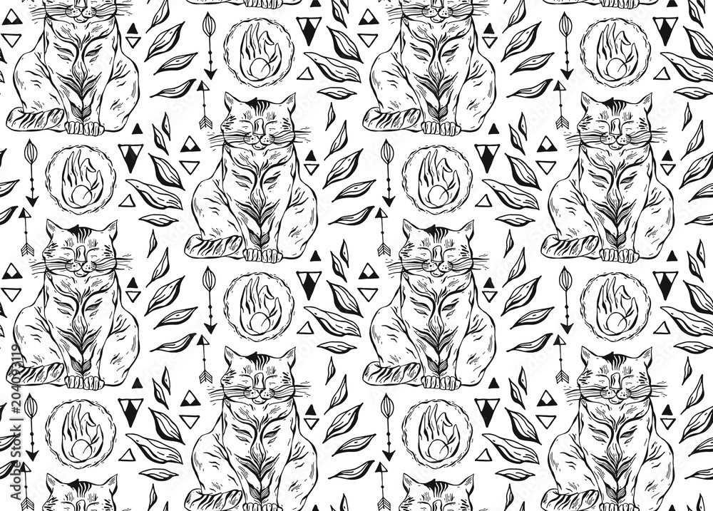 Hand drawn vector seamless black and white line cute cats pattern