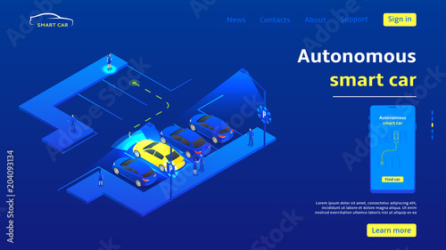 Concept banner with autonomous smart car. Smart car moves to woman with smartphone on parking in the city. Vector illustration.
