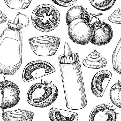 Ketchup sauce bottle with tomatoes seamless pattern Vector drawi