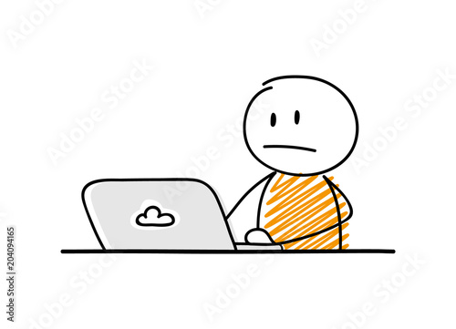 Funny businessman - cartoon stickman working on his laptop. Confused facial expression. Vector.