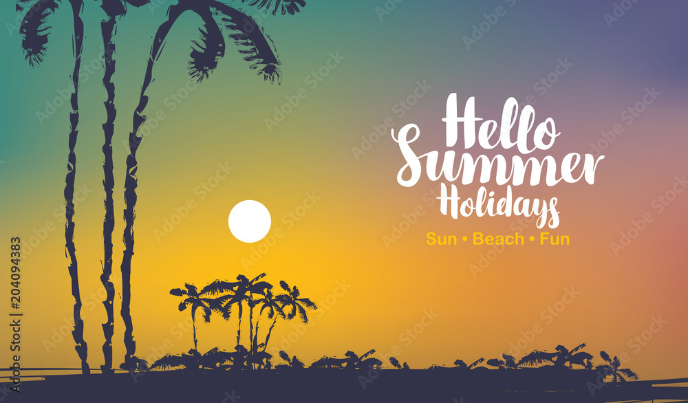 Obraz premium Vector travel banner with calligraphic inscription Hello summer holidays. Tropical seascape with island silhouettes, palm trees and colorful sky at sunset. Summer poster, flyer, invitation, card