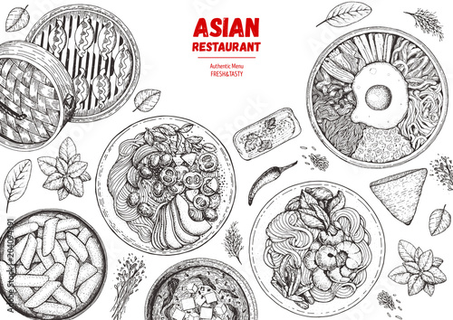 Asian cuisine sketch collection. Hand drawn vector illustration. Food menu design template, engraved elements. Mediterranean food set.
