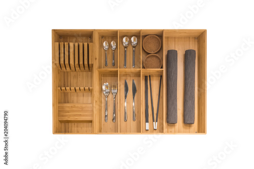 Wooden box of utensils storage. Easy to fit in kitchen drawer for spoon, fork and other isolated on white background