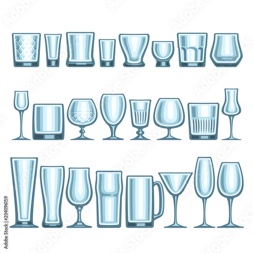 Vector set of different glassware, 24 empty glass cups various shape for alcohol drinks and cocktails, collection of blue shiny mock up icons for bar menu, transparent crockery on white background.