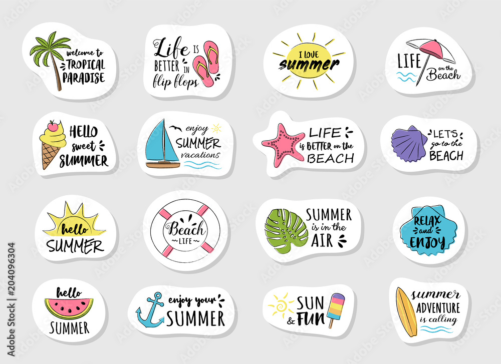 Big collection of pastel coloured summer icons. Vector.