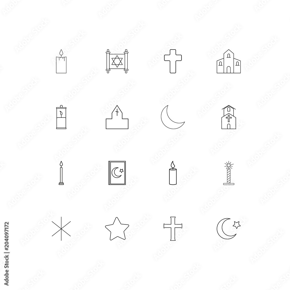 Religion linear thin icons set. Outlined simple vector icons Religion linear thin icons set. Outlined simple vector icons