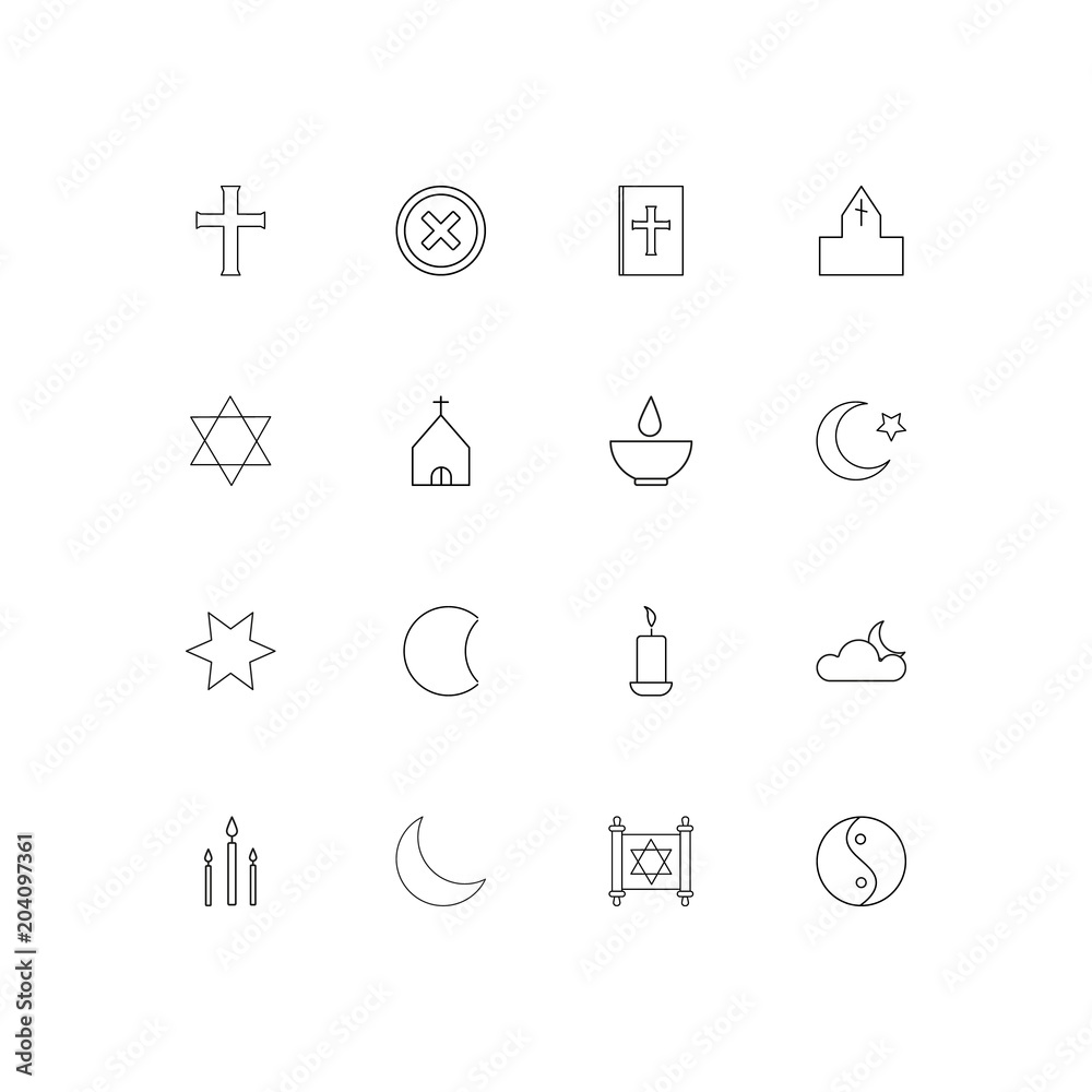 Religion linear thin icons set. Outlined simple vector icons Religion linear thin icons set. Outlined simple vector icons
