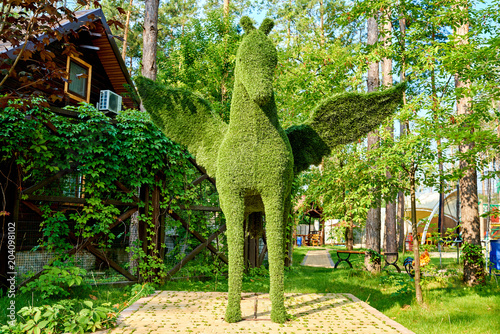 Figure of pegasus made of green lawn grass in the park, free space. Green grass covered topiary pegasus, landscape design. Grass figure of pegasus, topiary figure photo